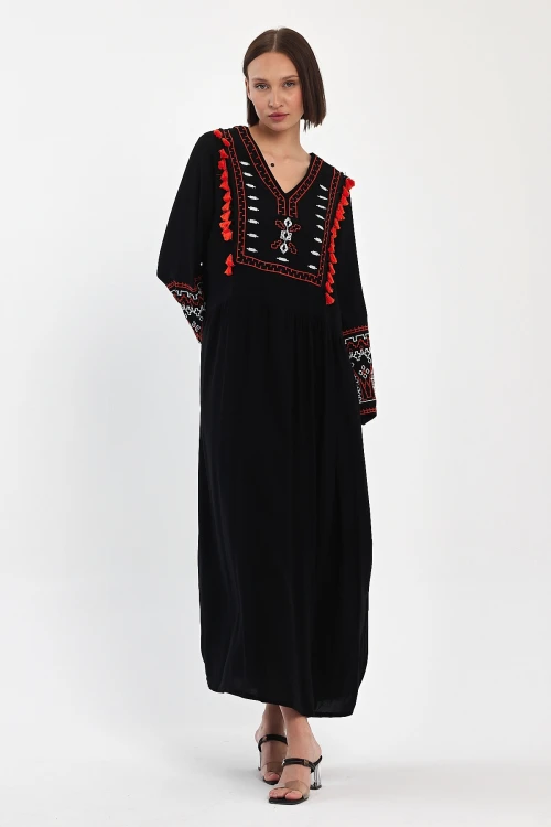 Maxi Boy Siyah Nakış İşlemeli Dokuma Viscon Elbise BCVL-251070