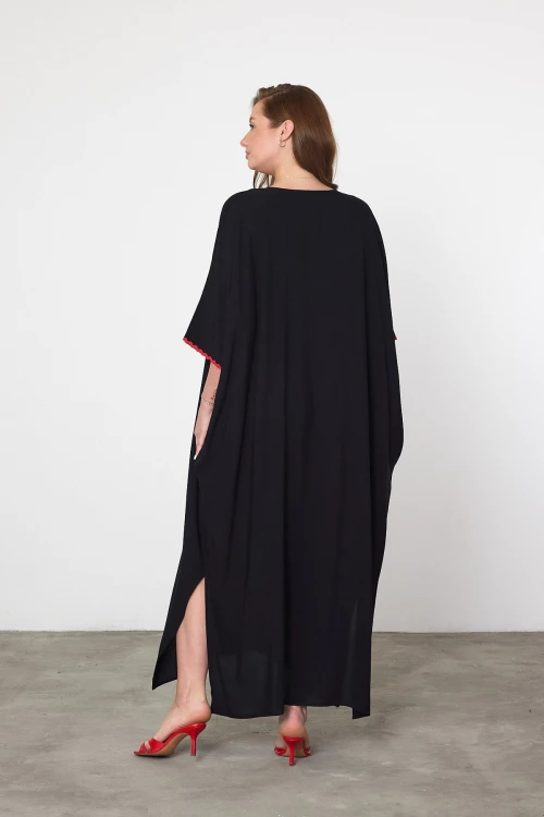 Maxi Boy Siyah Nakış İşlemeli Dokuma Viscon Elbise BCVL-25V034