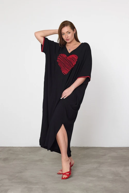 Maxi Boy Siyah Nakış İşlemeli Dokuma Viscon Elbise BCVL-25V034