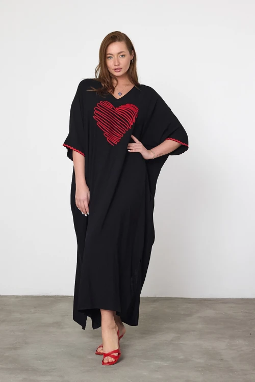Maxi Boy Siyah Nakış İşlemeli Dokuma Viscon Elbise BCVL-25V034