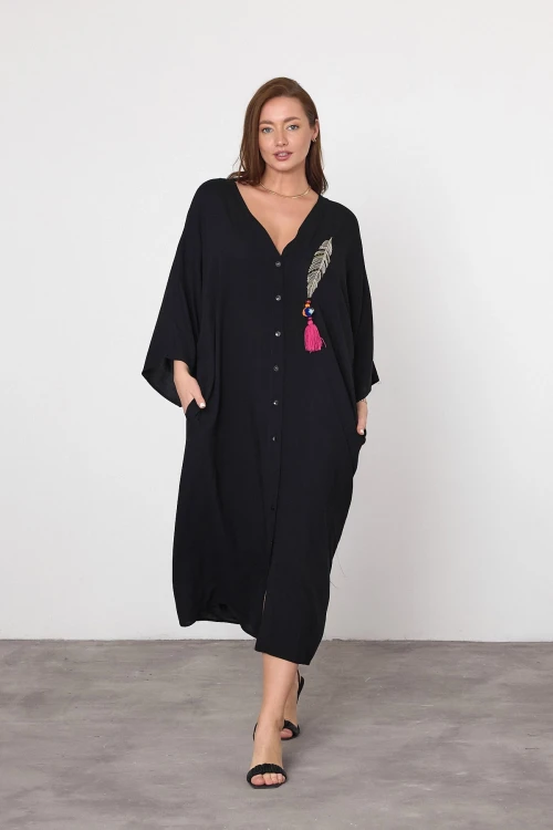 Siyah Nakış İşlemeli Maxi Boy Dokuma Viscon Elbise