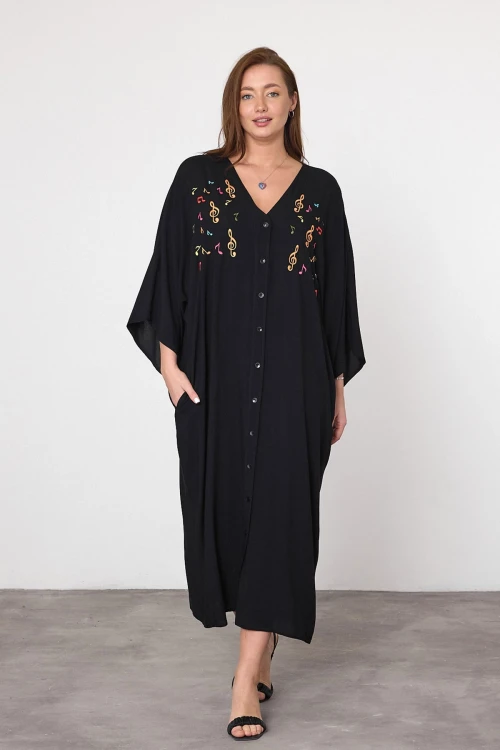 Siyah Nakış İşlemeli Maxi Boy Dokuma Viscon Elbise