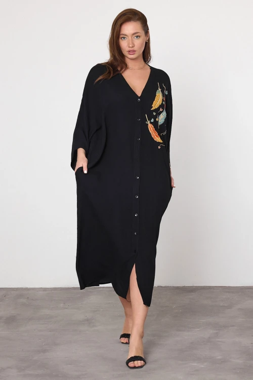 Siyah Nakış İşlemeli Maxi Boy Dokuma Viscon Elbise