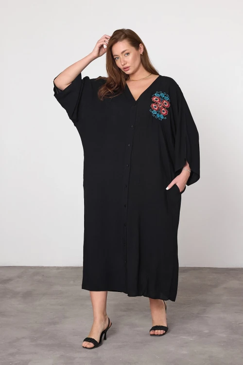 Siyah Nakış İşlemeli Maxi Boy Dokuma Viscon Elbise