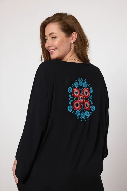 Siyah Nakış İşlemeli Maxi Boy Dokuma Viscon Elbise