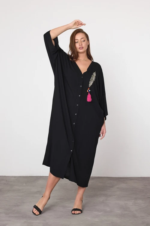 Siyah Nakış İşlemeli Maxi Boy Dokuma Viscon Elbise