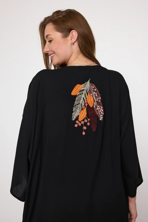 Siyah Nakış İşlemeli Maxi Boy Dokuma Viscon Elbise