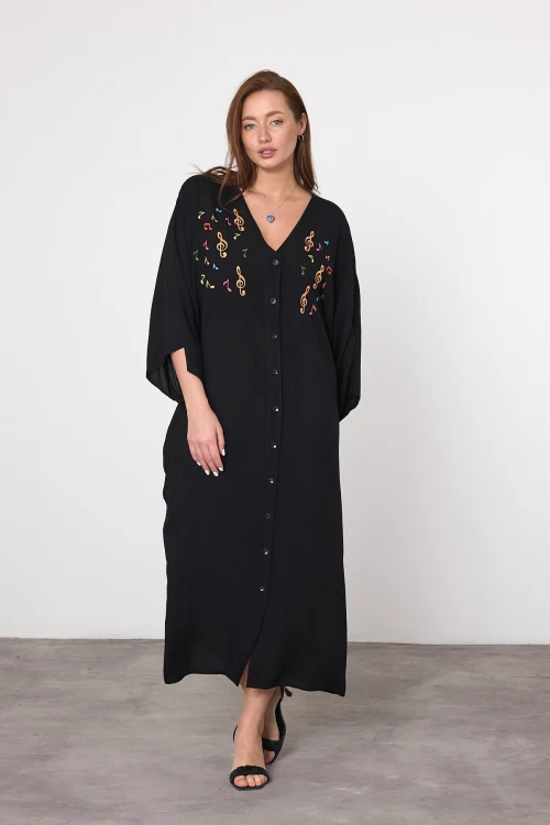 Siyah Nakış İşlemeli Maxi Boy Dokuma Viscon Elbise