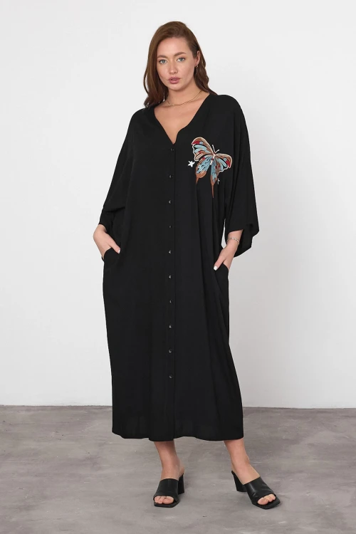 Siyah Nakış İşlemeli Maxi Boy Dokuma Viscon Elbise