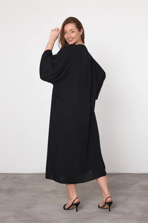 Siyah Nakış İşlemeli Maxi Boy Dokuma Viscon Elbise