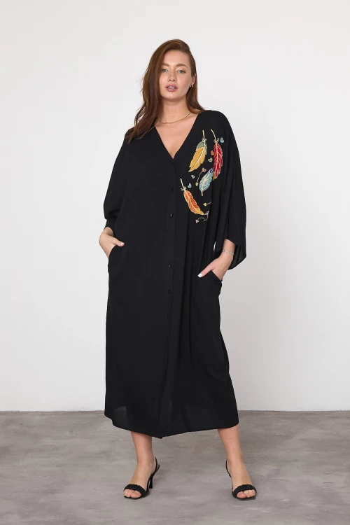 Siyah Nakış İşlemeli Maxi Boy Dokuma Viscon Elbise