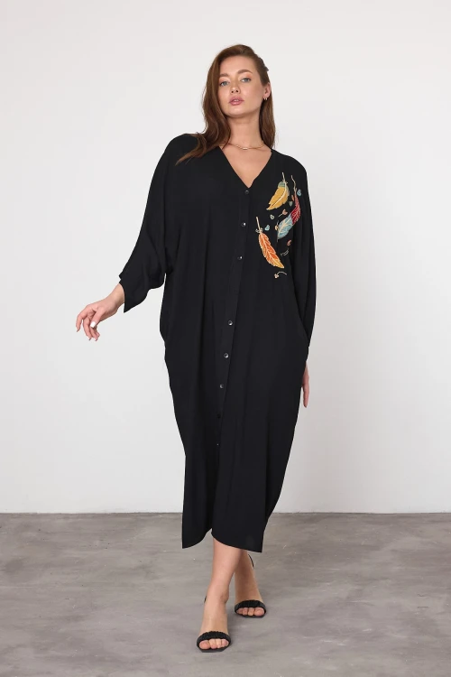 Siyah Nakış İşlemeli Maxi Boy Dokuma Viscon Elbise