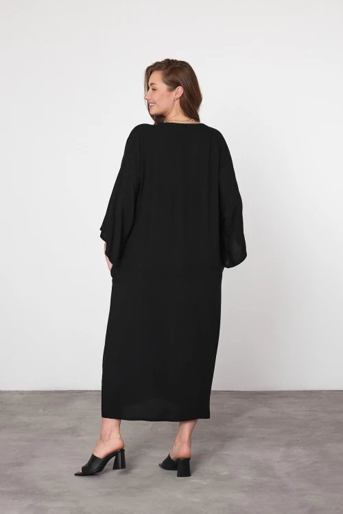 Siyah Nakış İşlemeli Maxi Boy Dokuma Viscon Elbise