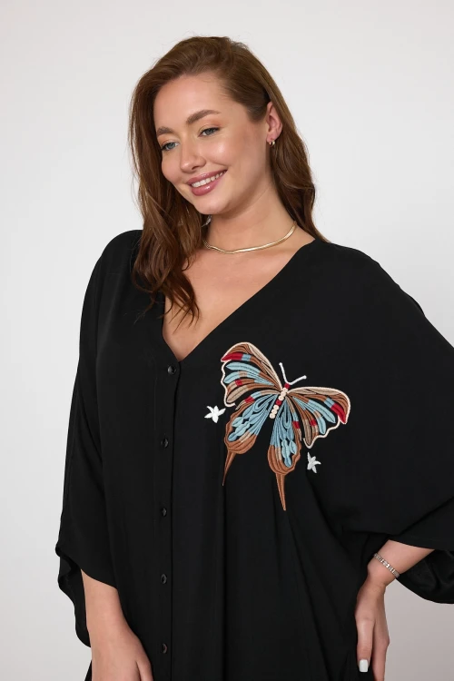 Siyah Nakış İşlemeli Maxi Boy Dokuma Viscon Elbise