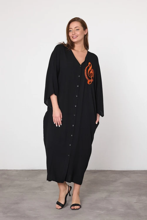 Siyah Nakış İşlemeli Maxi Boy Dokuma Viscon Elbise