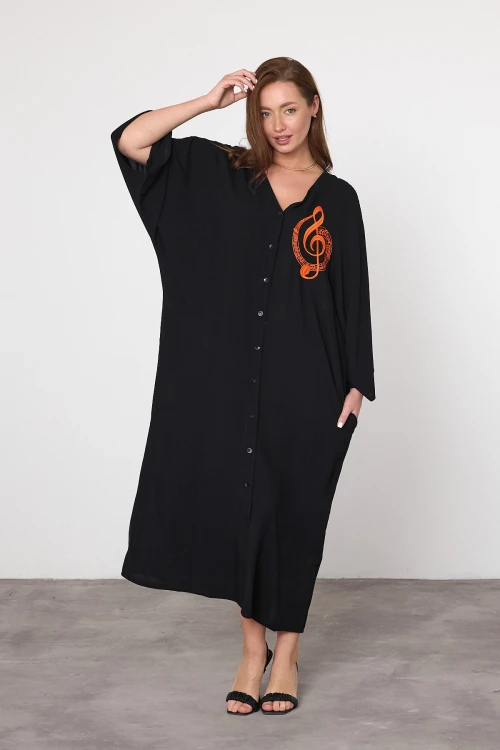 Siyah Nakış İşlemeli Maxi Boy Dokuma Viscon Elbise