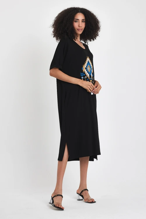 Maxi Boy Siyah Nakış İşlemeli Örme Viscon Elbise BCVL-251024