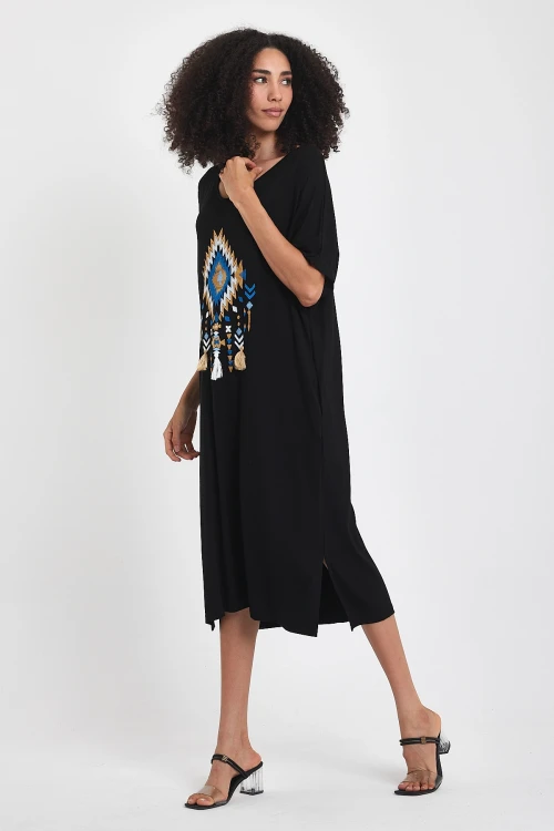 Maxi Boy Siyah Nakış İşlemeli Örme Viscon Elbise BCVL-251024