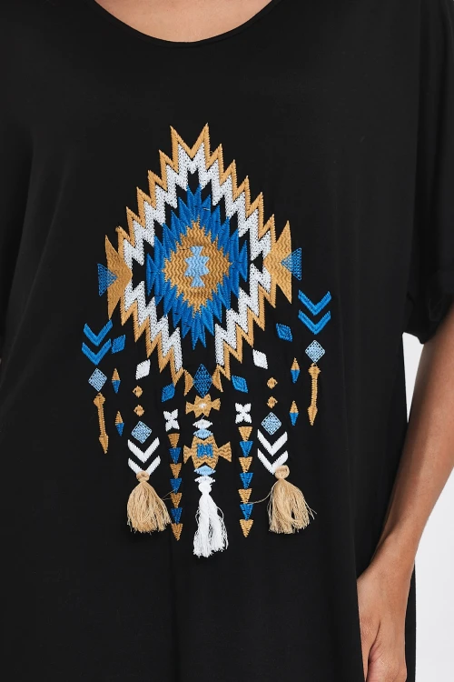 Maxi Boy Siyah Nakış İşlemeli Örme Viscon Elbise BCVL-251024