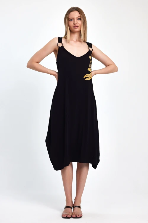 Maxi Boy Siyah Nakış İşlemeli Örme Viscon Elbise BCVL-251039