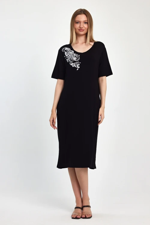 Maxi Boy Siyah Nakış İşlemeli Örme Viscon Elbise BCVL-251040