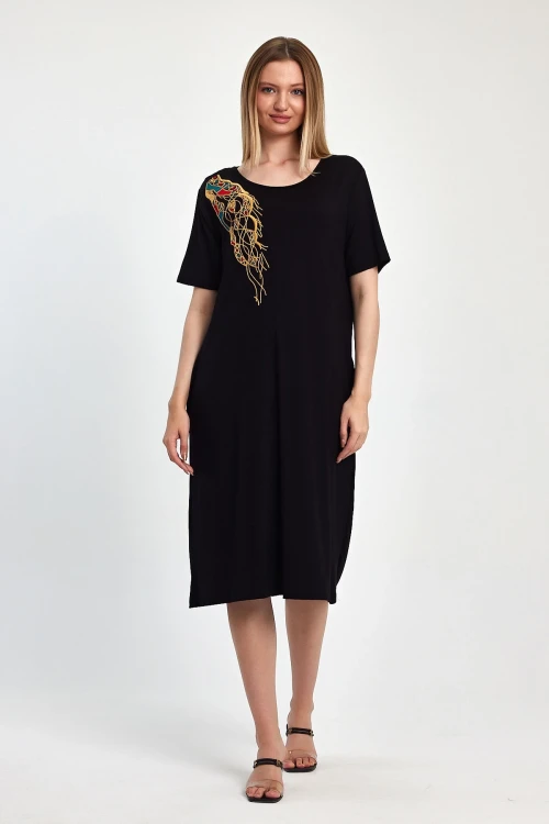 Maxi Boy Siyah Nakış İşlemeli Örme Viscon Elbise BCVL-251048