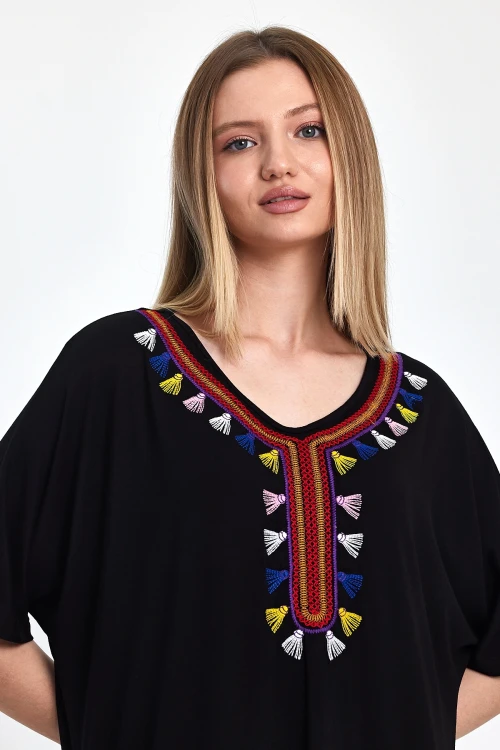 Maxi Boy Siyah Nakış İşlemeli Örme Viscon Elbise BCVL-251053