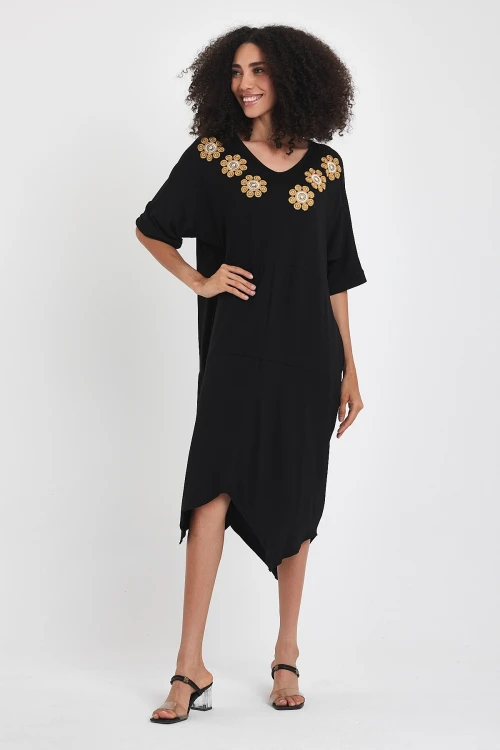 Siyah Nakış İşlemeli Örme Viscon Elbise