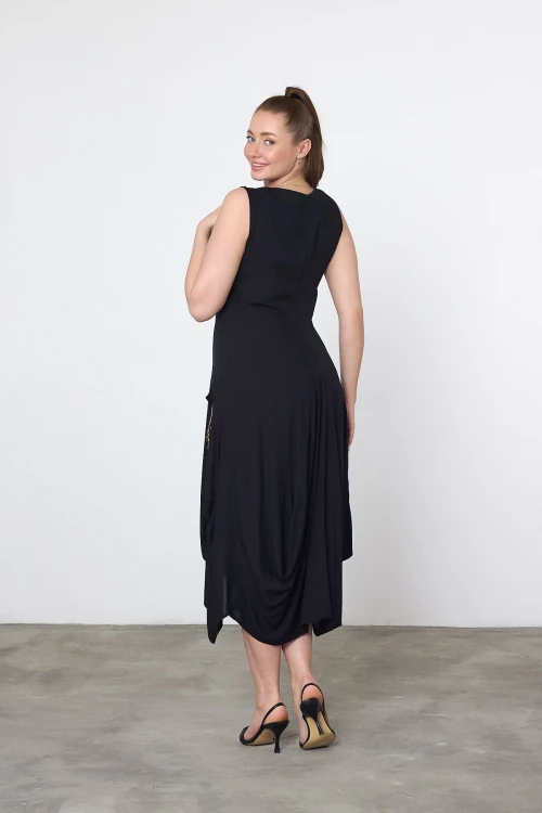 Maxi Boy Siyah Nakış İşlemeli Örme Viscon Elbise BCVL-25V035