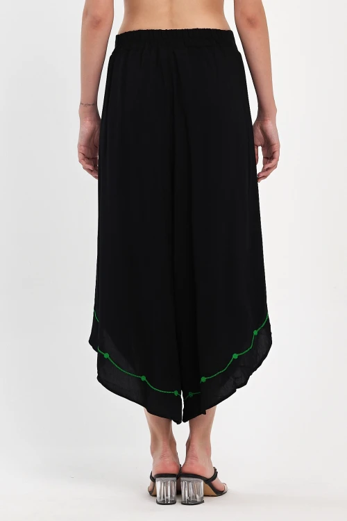 Maxi Boy Siyah Nakış İşlemeli Viscon Dokuma Şalvar Pantolon BCVL-251003