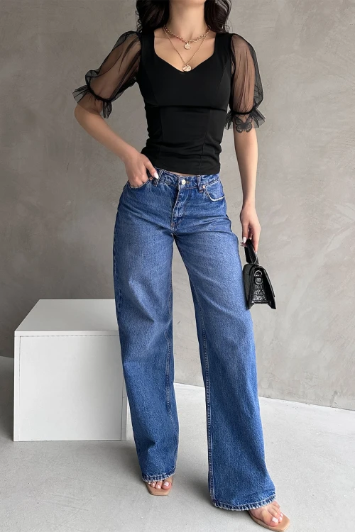 Siyah Prenses Kol Tül Detaylı Crep Bluz BCDF-252167