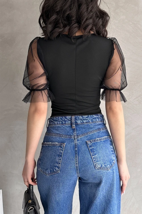 Siyah Prenses Kol Tül Detaylı Crep Bluz BCDF-252167