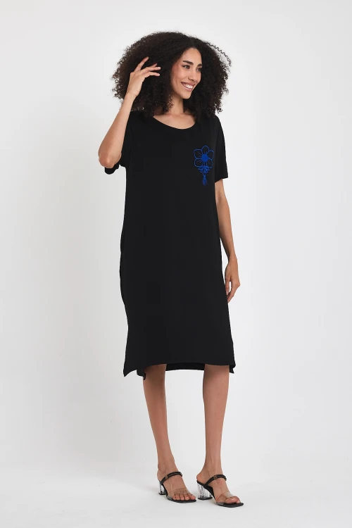 Maxi Boy Siyah Saks Nakış İşlemeli Örme Viscon Elbise BCVL-251023