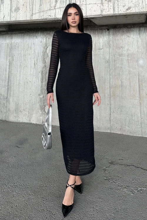 Siyah Sırt Dekolteli File Detaylı Elbise BCDF-252153