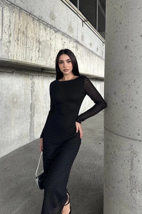 Siyah Sırt Dekolteli File Detaylı Elbise BCDF-252153