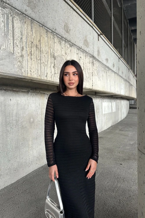 Siyah Sırt Dekolteli File Detaylı Elbise BCDF-252153