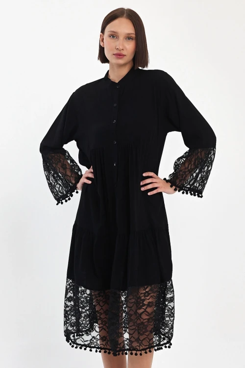 Siyah Tül Detaylı Uzun Boy Dokuma Viscon Elbise