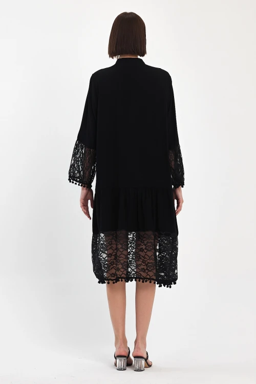 Siyah Tül Detaylı Uzun Boy Dokuma Viscon Elbise