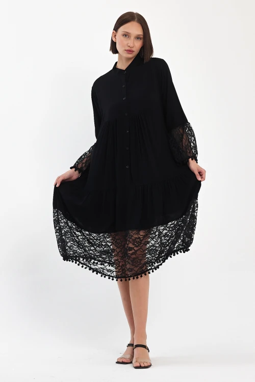 Siyah Tül Detaylı Uzun Boy Dokuma Viscon Elbise