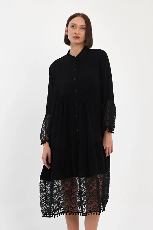 Siyah Tül Detaylı Uzun Boy Dokuma Viscon Elbise