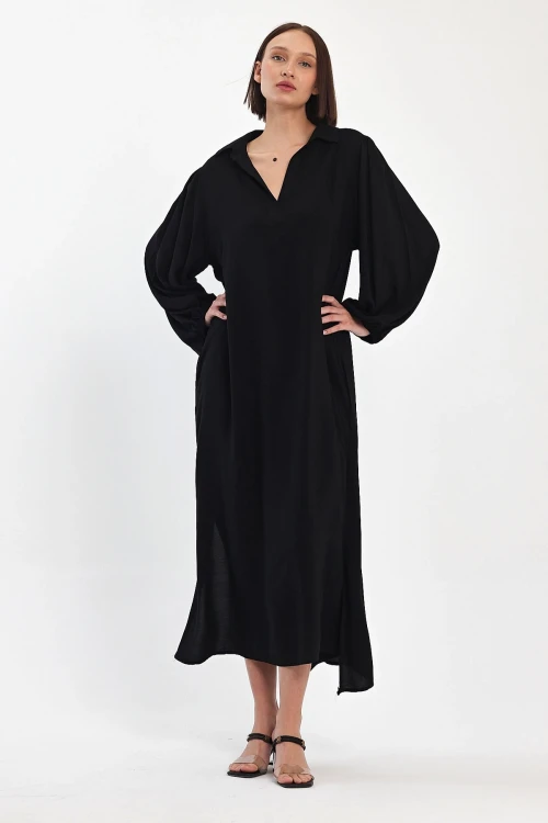 Maxi Boy Siyah V Yaka Dokuma Viscon Elbise BCVL-25920