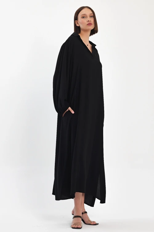 Maxi Boy Siyah V Yaka Dokuma Viscon Elbise BCVL-25920