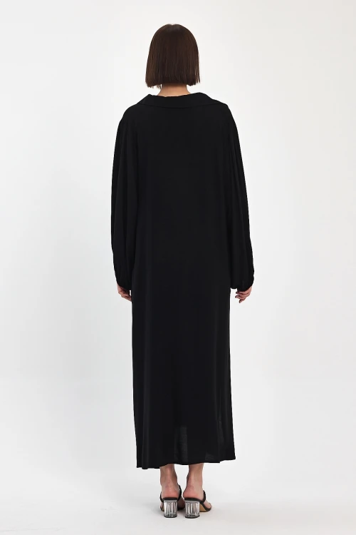 Maxi Boy Siyah V Yaka Dokuma Viscon Elbise BCVL-25920