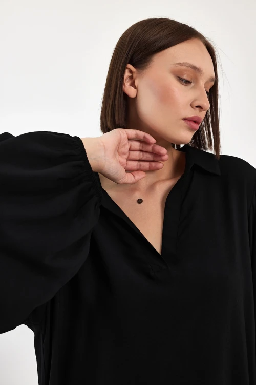 Maxi Boy Siyah V Yaka Dokuma Viscon Elbise BCVL-25920