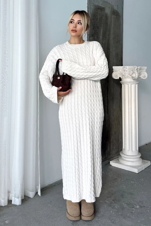 Taş Bisiklet Yaka Saç Örgülü Midi Boy Kışlık Triko Elbise BCVL-T24ELB1