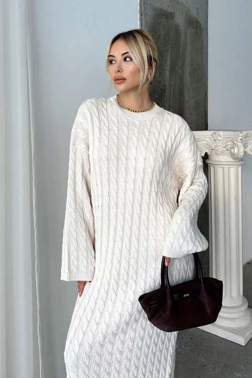 Taş Bisiklet Yaka Saç Örgülü Midi Boy Kışlık Triko Elbise BCVL-T24ELB1