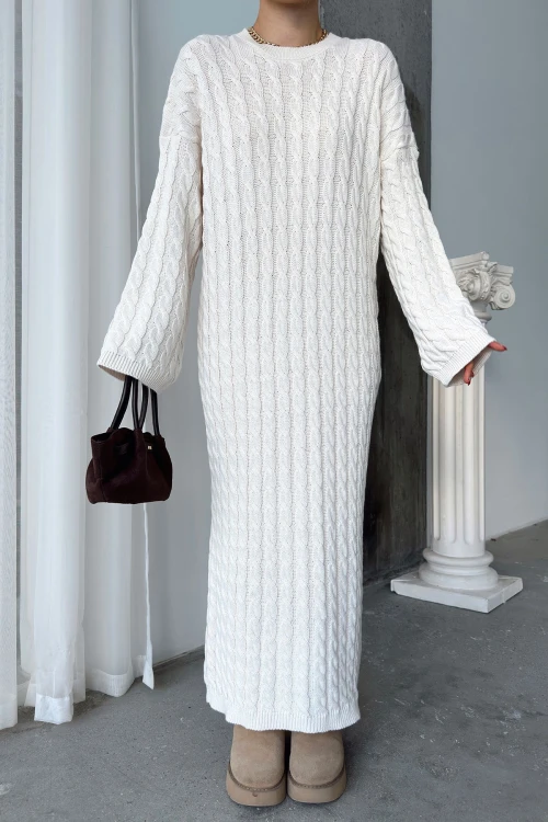 Taş Bisiklet Yaka Saç Örgülü Midi Boy Kışlık Triko Elbise BCVL-T24ELB1