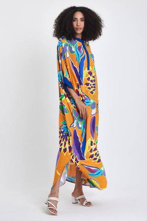 Maxi Boy Turuncu Hakim Yaka Çiçek Desenli Uzun Boy Dokuma Elbise BCVL-24969