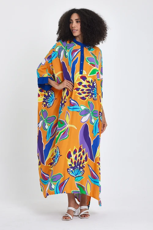 Maxi Boy Turuncu Hakim Yaka Çiçek Desenli Uzun Boy Dokuma Elbise BCVL-24969