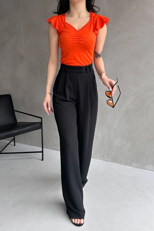 Turuncu V Yaka Omuzu Volan Detaylı Crep Bluz BCDF-252168